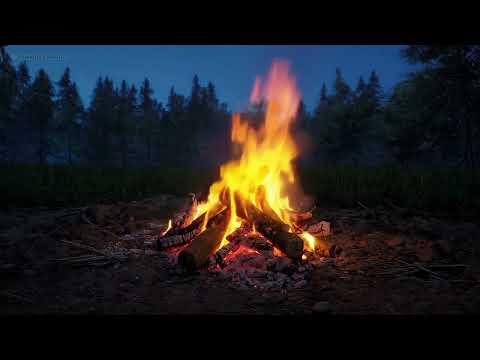Campfire at Night 🔥 Relaxing Crackling Fire Sounds, Crickets, Frogs & Gentle Stream for Deep Sleep