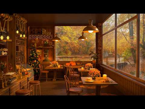Rainy Halloween Coffee Shop Ambience 4K 🔥 Pumpkin Glow & Crackling Fireplace & Smooth Jazz for Relax