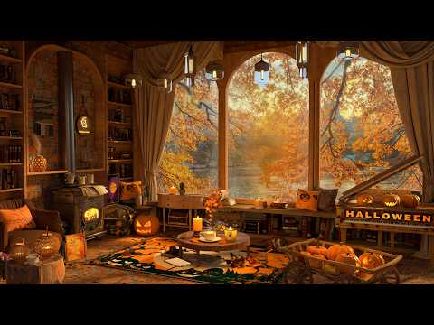 4K Warm Autumn Coffee on a Lakeside Porch 🍂 Wind & Fireplace with Smooth Jazz Music for Relaxation