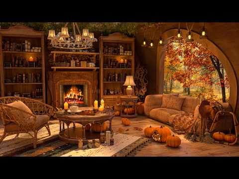 4K Magical Autumn Café Retreat 🍂 Fireplace Glow & Soft Jazz Piano for Work, Study & Relaxation