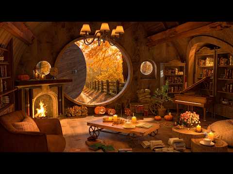 Pumpkin Glow & Autumn Rain at Hobbit Café 🎃 Background Jazz Music for Sleep, Work & Study