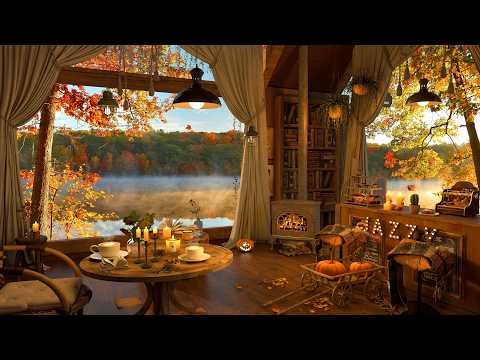 4K Peaceful Lakeside Café ☕ Warm Fireplace & Background Jazz Music for Work, Study and Relaxation