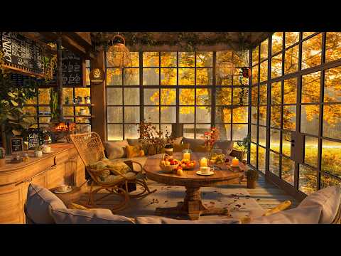 4K Cozy Autumn Jazz 🍂 Sunny Forest Coffee Shop, Warm Fireplace & Relaxing Jazz Piano for Relaxation