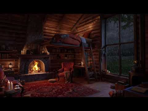 Rainy Night in a Cozy Cabin Loft — Rain, Thunder & Warm Fireplace