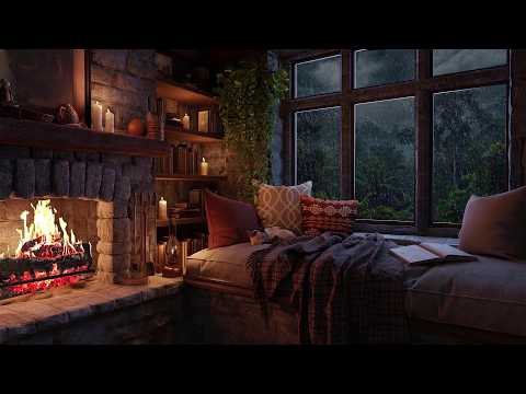 Stormy Night Stone Window Nook Ambience — Relaxing Rain, Thunder & Fireplace Sounds | 8 Hours