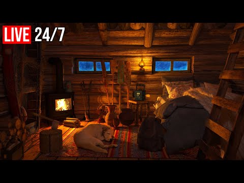 🔴 Frosty Snowstorm Sounds, Relaxing Fireplace and Blizzard in a Cozy Winter Hut - Live 24/7