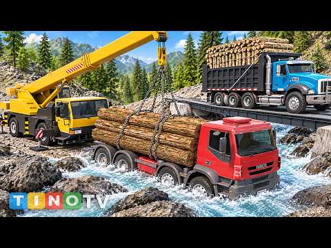 Dump Truck Gets STUCK in River! 🚛🚨 Mobile Crane Rescue & Steel Bridge Construction