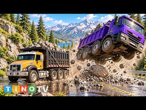 Highway Rock Debris Causes Dump Truck  & Ambulance Massive Crash Accident | Rescue & Road Repair