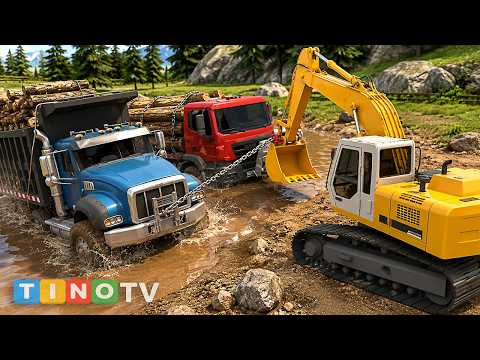 2 Speeding Log Trucks CRASH Into Water Pit! 🚛🚧 Excavator Rescue & Road Construction Simulation