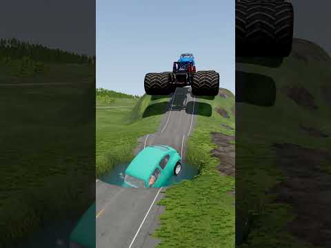 Colorful Cars & Big Wheel Monster Beetle vs Water Pit - BeamNG