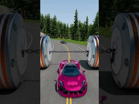 Log Trailer Truck & Cars vs 2 Chained Bollards Crash - BeamNG