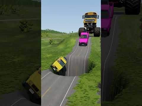 Big & Small Cars & Monster Sized School Bus vs Deep Pothole - BeamNG