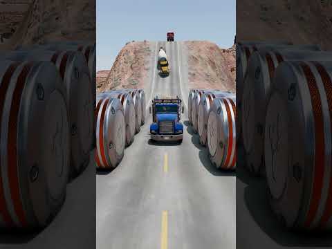 Long City Bus & Trucks vs Big Bollards - BeamNG