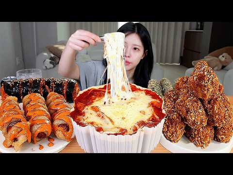 ASMR MUKBANG| 엽기 떡볶이 후라이드 치킨 핫도그 김밥 먹방 & 레시피 FRIED CHICKEN AND Tteokbokki EATING