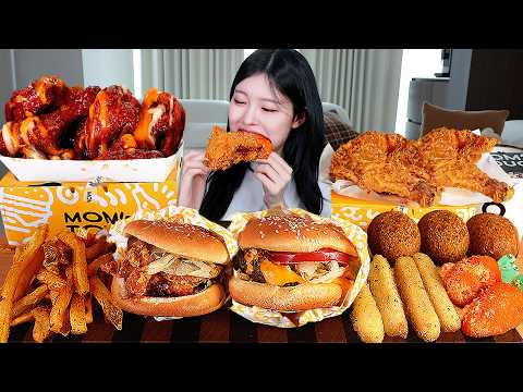 ASMR MUKBANG| 맘스터치 양념치킨 치킨버거 후라이드 치킨 먹방 & 레시피 FRIED CHICKEN AND CHEESE BURGER EATING