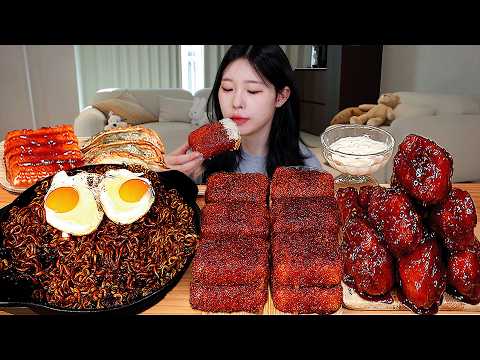 ASMR MUKBANG| 직접 만든 짜파게티 양념치킨 칠리스 치즈스틱 만두 먹방 & 레시피 FRIED CHICKEN AND BLACK BEAN NOODLES EATING