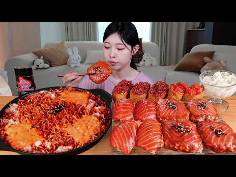ASMR MUKBANG| 직접 만든 치즈 불닭 연어불닭쌈 연어초밥 연어유부초밥 먹방 & 레시피 BULDAK SALMON WRAP AND FIRE NOODLES EATING