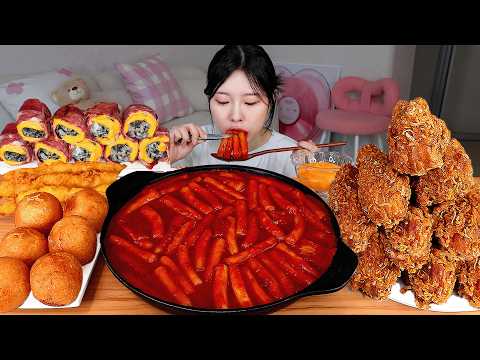 ASMR MUKBANG| 직접 만든 떡볶이 후라이드 치킨 주먹밥 치즈볼 오징어튀김 먹방 & 레시피 FRIED CHICKEN AND Tteokbokki EATING