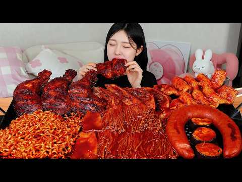 ASMR MUKBANG| 직접 만든 불닭 버섯 자메이카 통다리 소세지 만두 먹방 & 레시피 SPICY MUSHROOMS AND FIRE NOODLES EATING