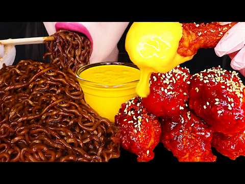 ASMR CHEESY FRIED CHICKEN, BLACK BEAN NOODLES 치즈 양념치킨 짜파게티 먹방 MUKBANG, EATING