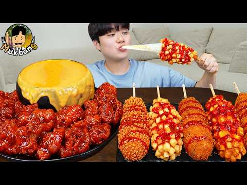 ASMR MUKBANG 체다치즈 양념 치킨먹방! 치즈 떡볶이 명랑핫도그 CRISPY FRIED CHICKEN CORN DOG EATING SOUND!