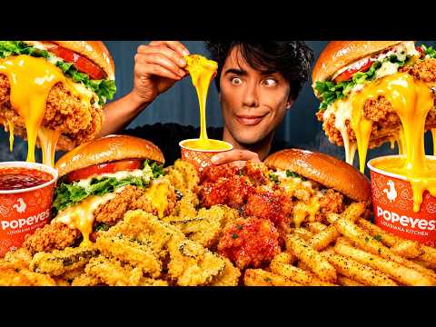 ASMR MUKBANG POPEYES Crispy Fried Chicken Sandwiches, Cheese Sauce, Fries & Spicy Chicken 먹방