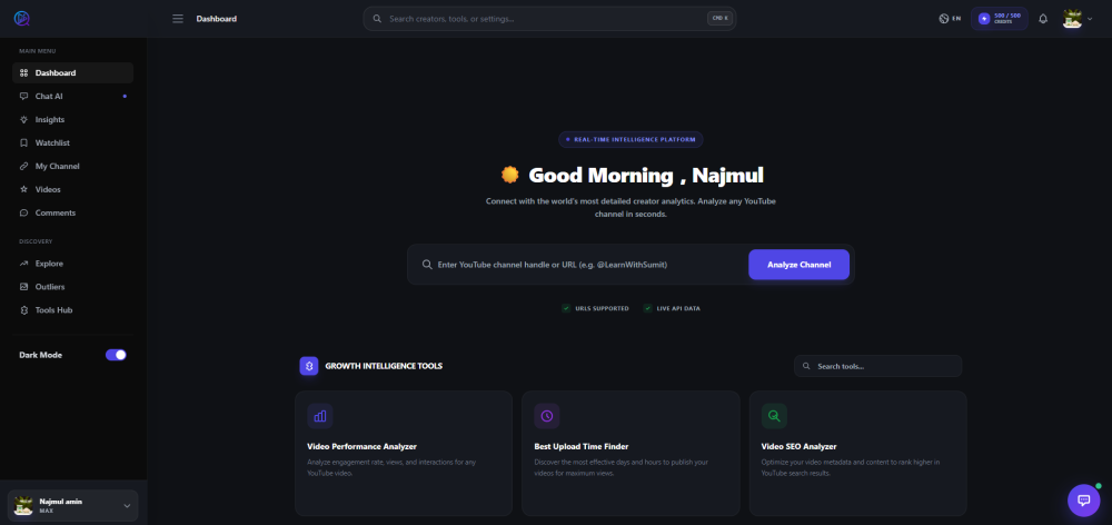 Vidanalyze YouTube analytics dashboard preview