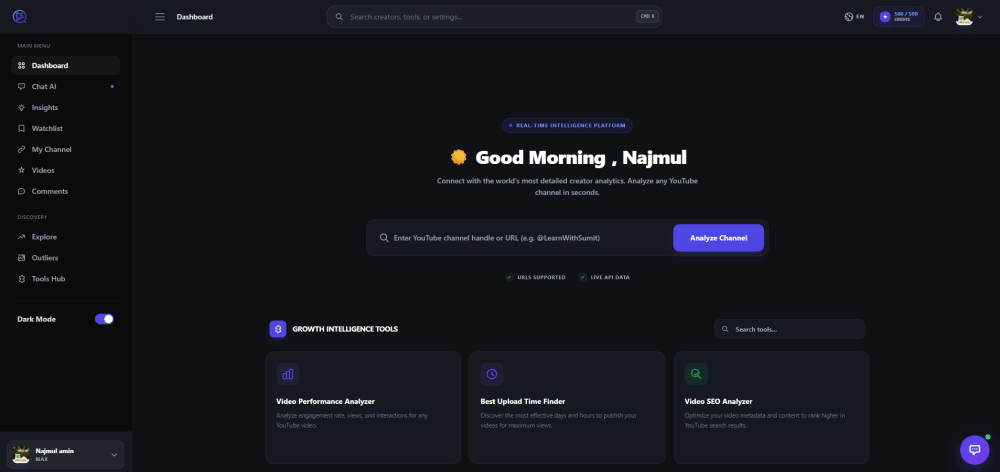 Vidanalyze YouTube analytics dashboard preview